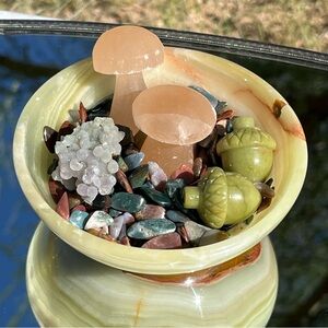 Banded Green Onyx Bowl, Selenite Mushrooms, Grape Agate, Ocean Jasper Chips
